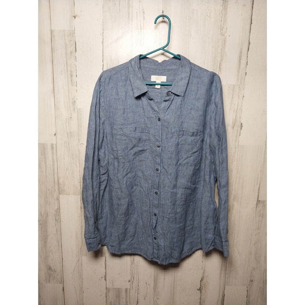 Charter Club Luxury Top Womens XXL Blue Linen Long Sleeve Button Front